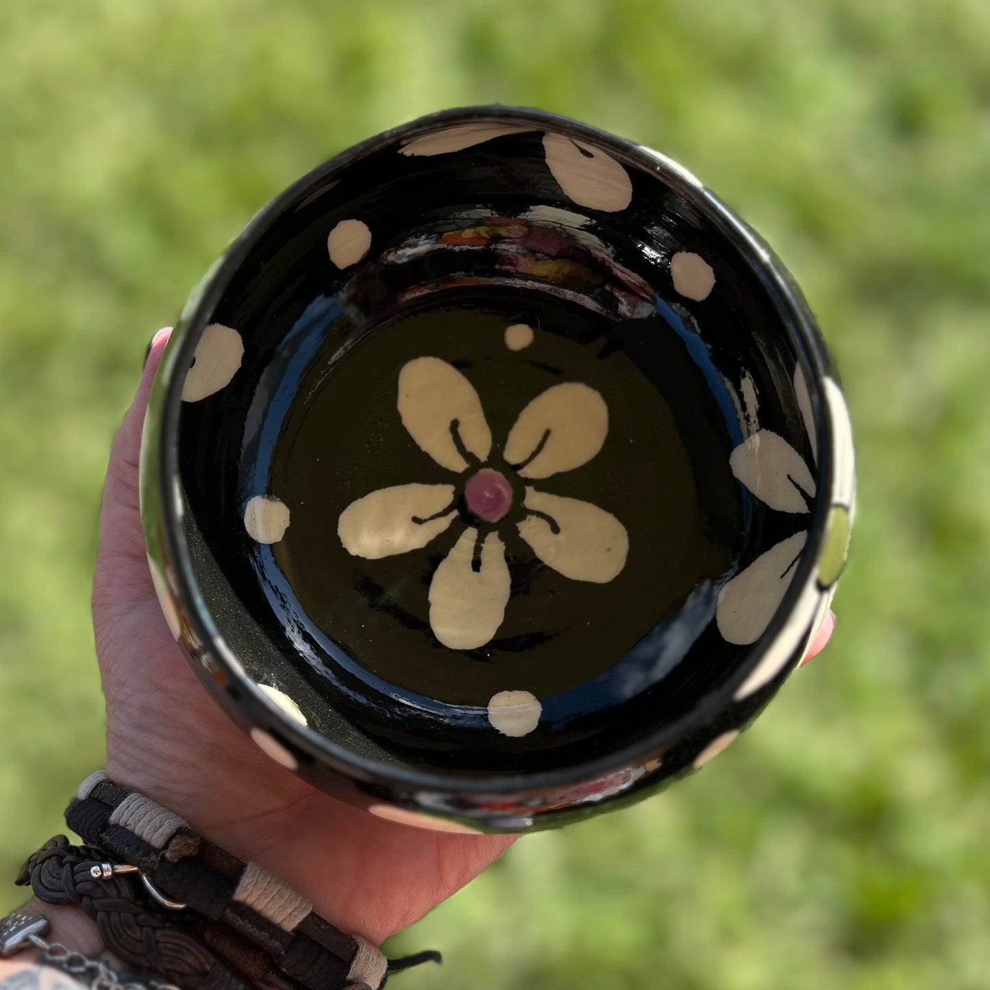 Black & White With Dots of Color Flowers Ceramic Bowl