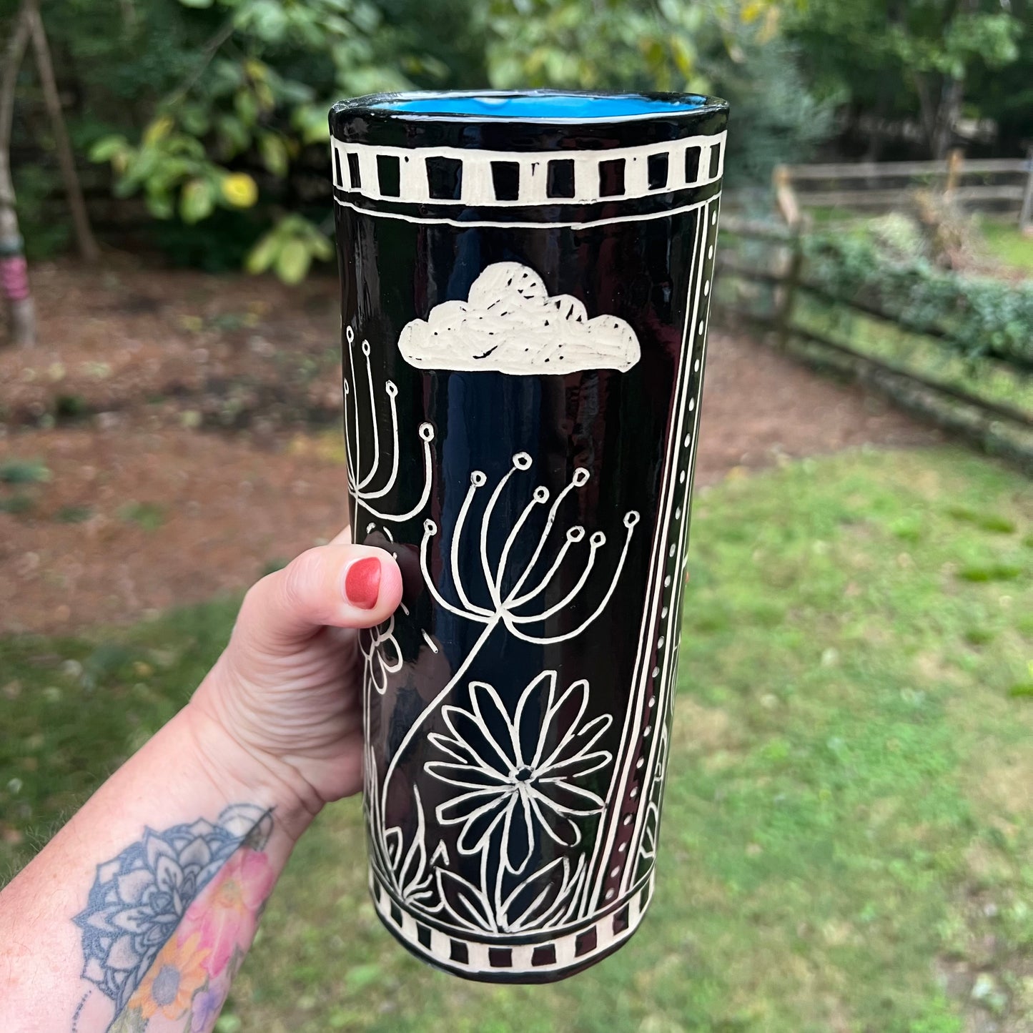 Tall Wildflower Sgraffito Flower Vase