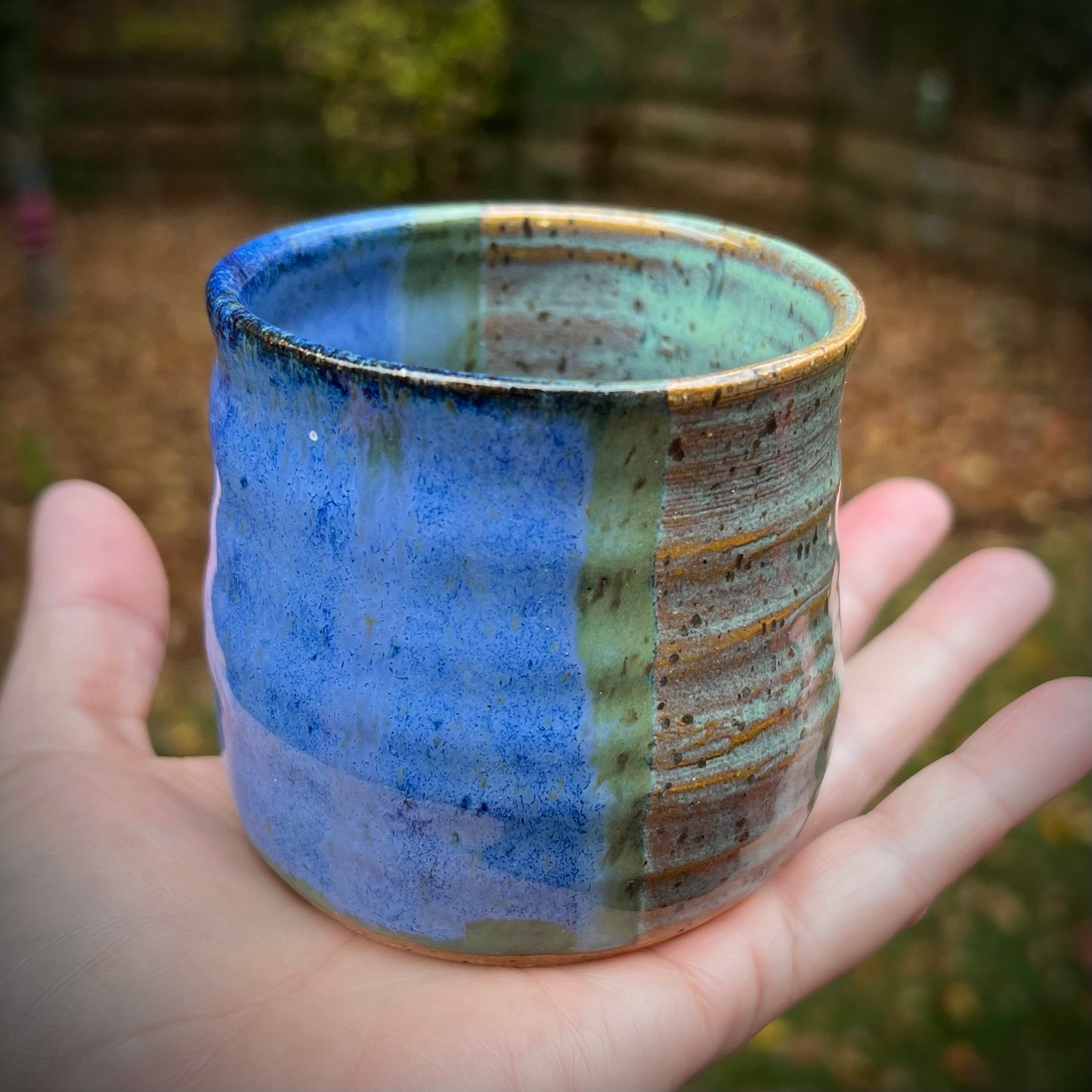 Blue & Green on Speckled Brown Ceramic Tumbler
