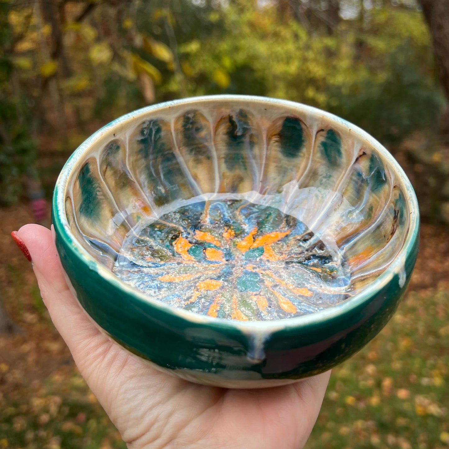 Teal, Green & Orange Peacock Ceramic Bowl