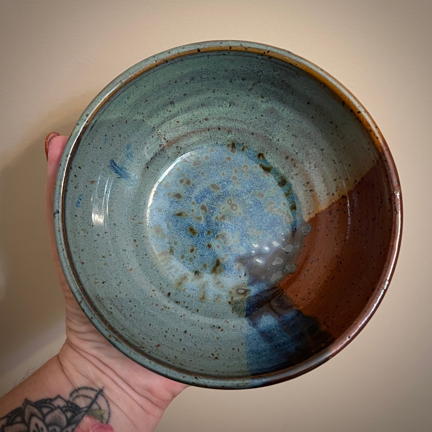 Blue & Green on Speckled Brown Ceramic Bowl