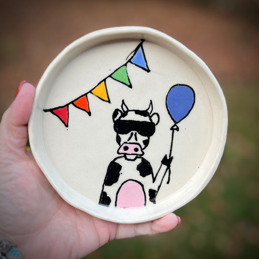Party Animal Cow Ceramic Small Plate / Trinket Dish