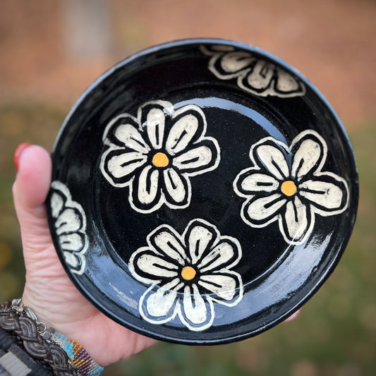Sgraffito Flowers Ceramic Small Plate / Trinket Dish
