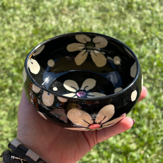 Black & White With Dots of Color Flowers Ceramic Bowl
