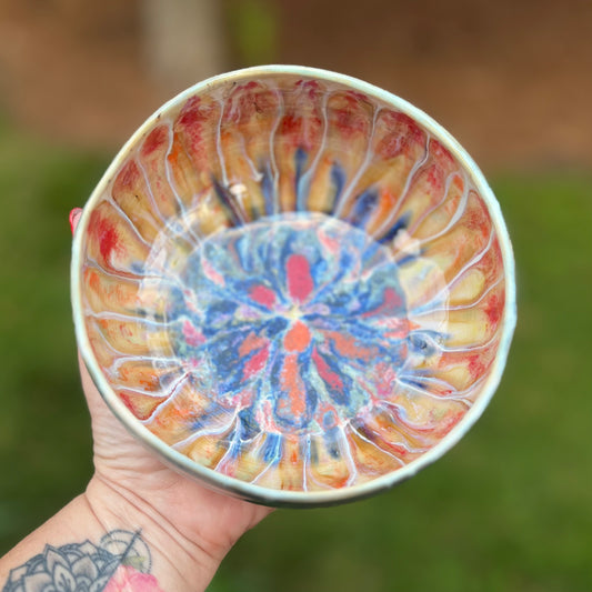 Orange, Red & Blue Peacock Ceramic Bowl - FOR LESLIE