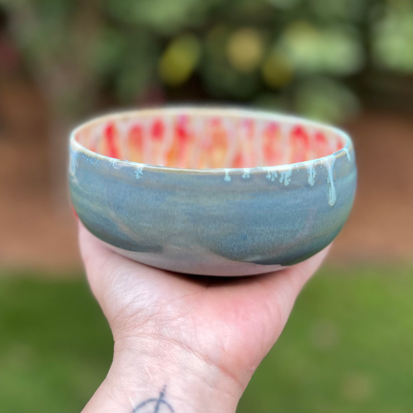 Orange, Red & Blue Peacock Ceramic Bowl