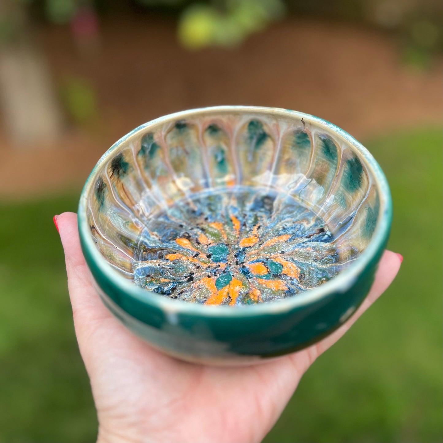Teal, Green & Orange Peacock Ceramic Bowl